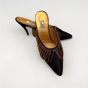 Gianni Versace Women’s Black Silk Mules Heels Metallic Gold Fringe US 9 EU 40.5